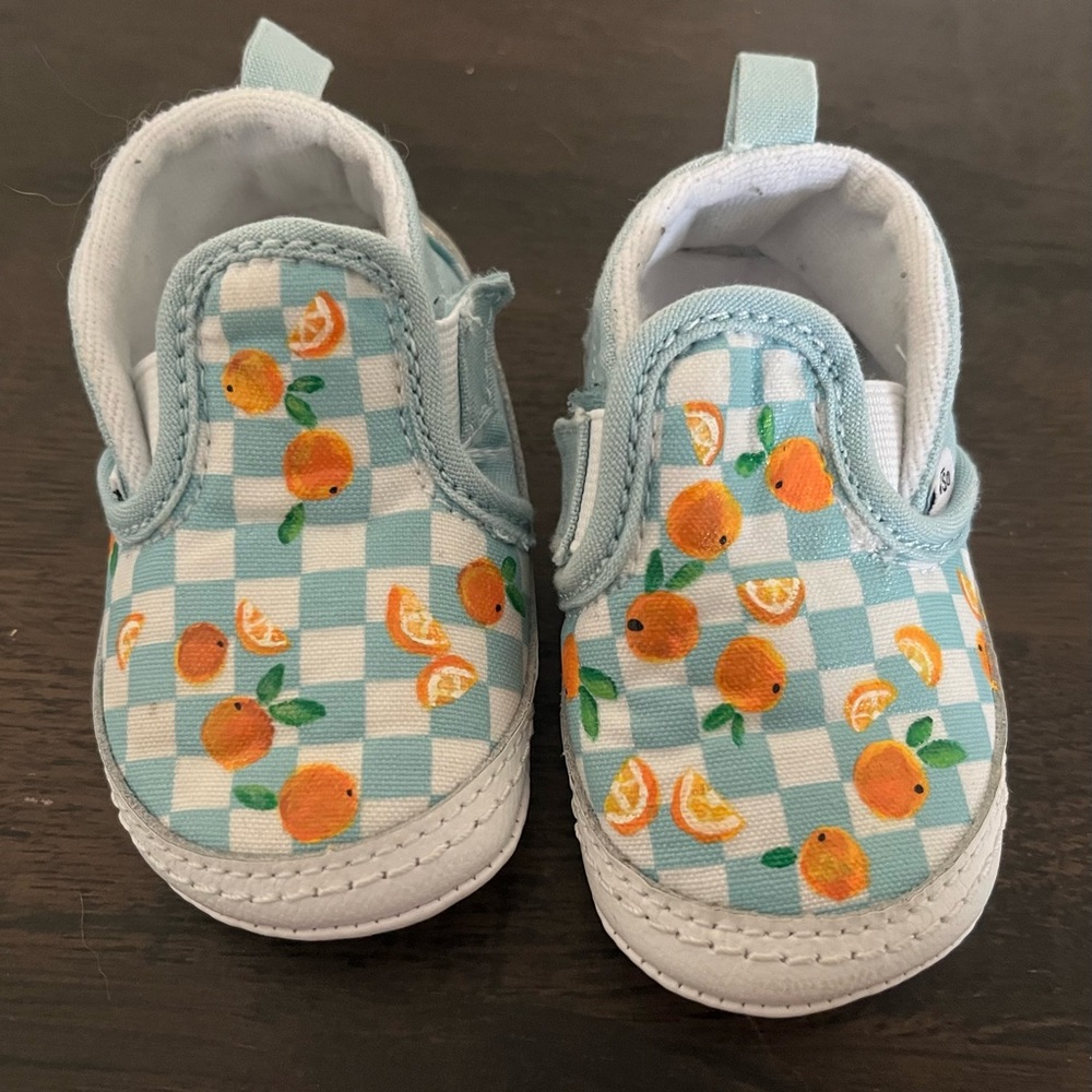Vans’ Kids Hand-Painted Sneakers in Blue and White Checkered w/ Orange Accents